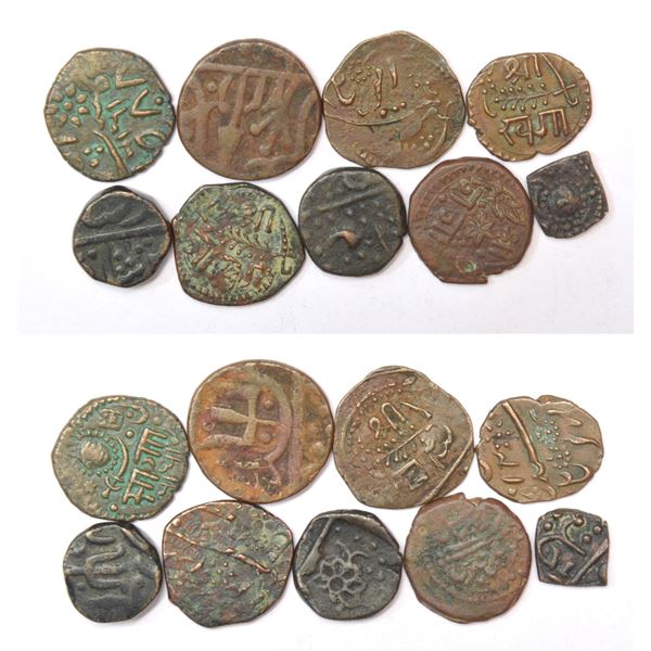 Large Lots: A group of 9 Princely state copper coins, different types and denominations. (9 coins)