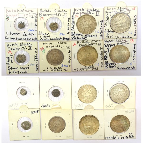 Large Lots: A group of 8 Kutch state silver coins, includes 1x Raydhanji II, 1x Bharmalji II, 1x Des