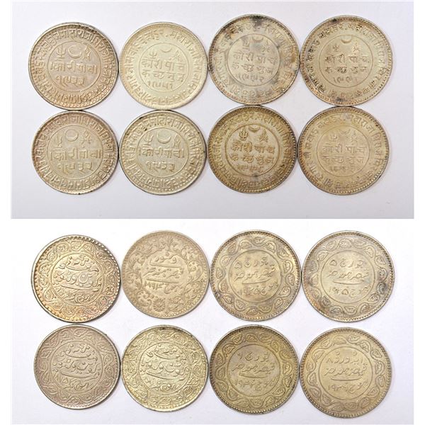 Large Lots: A group of 8 Kutch state silver 5 koris, includes (a) Pragmalji II, 2x VS 1923/AD 1866 a