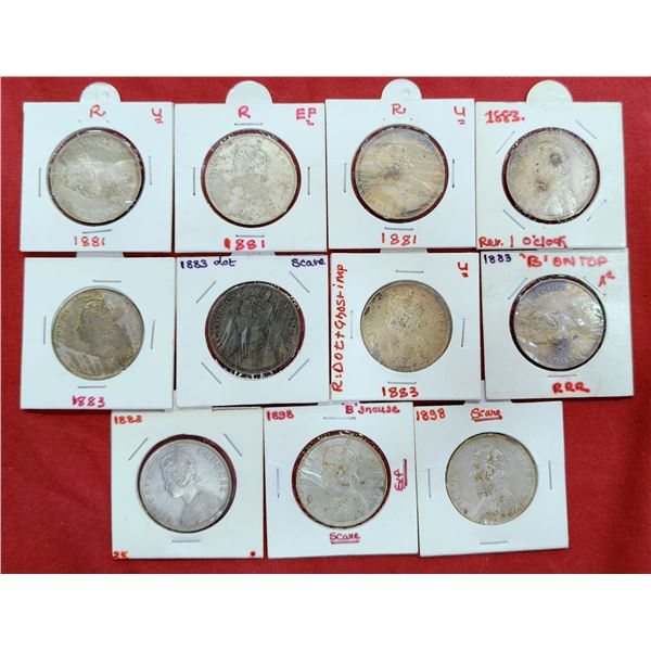 Large Lots: A group of 11 Victoria Queen silver rupee, includes 3x 1881, 6x 1883 and 2x 1898, Bombay