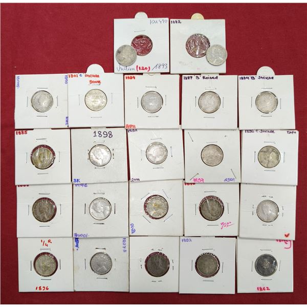 Large Lots: A group of 22 Victoria silver ¼ rupee, includes Queen and Empress, 1862, 1876 (2), 1882,
