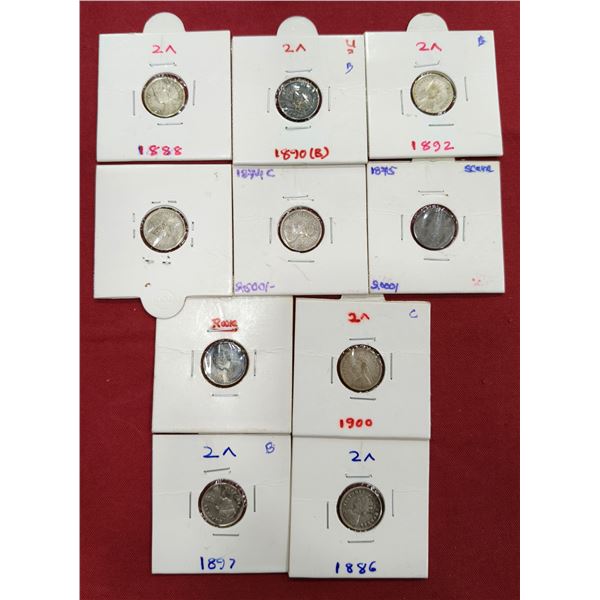 Large Lots: A group of 10 Victoria silver 2 annas, includes Queen and Empress, 1862, 1874, 1875, 187