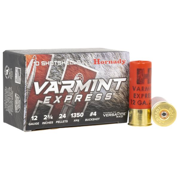 Hornady Varmint Express 12 Gauge 2 3/4" 24 Pellet #4 Buckshot w/ Varsatite Wad Sku 86243