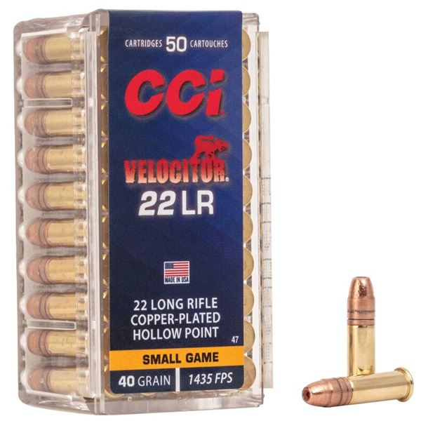 CCI Velocitor 22 LR 40 Grain Copper-Plated Hollow Point 50 Cartridges Sku 47