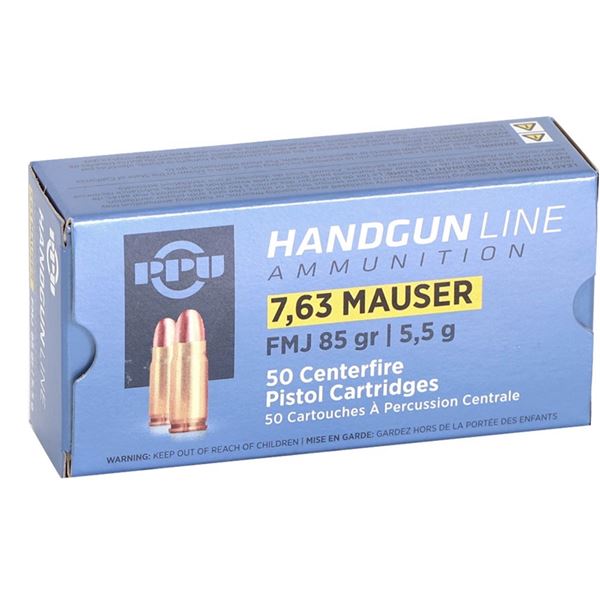 PPU Handgun Line 7.63 Mauser FMJ 85 Grain (50 Rounds) Sku PPH763