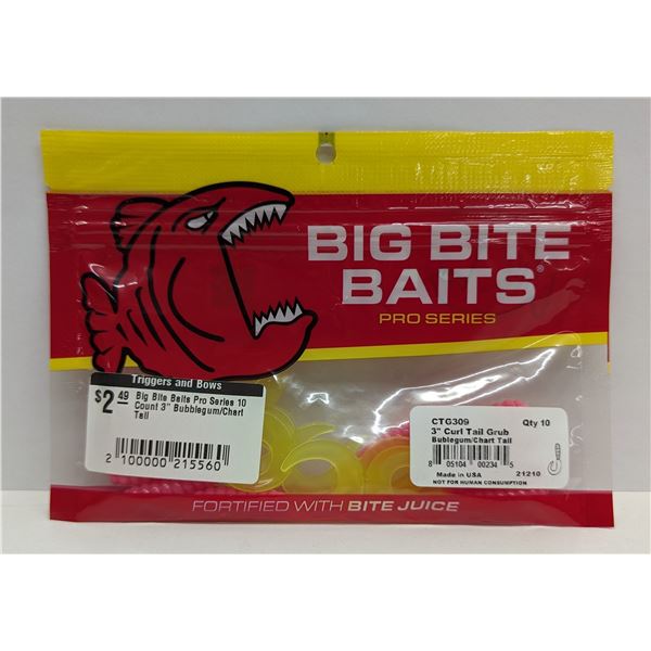 Big Bite Baits Pro Series Curl Tail Grub 10 Count 3" Bubblegum/Chart Tail Sku CTG309