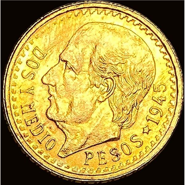 1945 Mexico Gold 2 1/2 Pesos .0603oz AGW GEM BU
