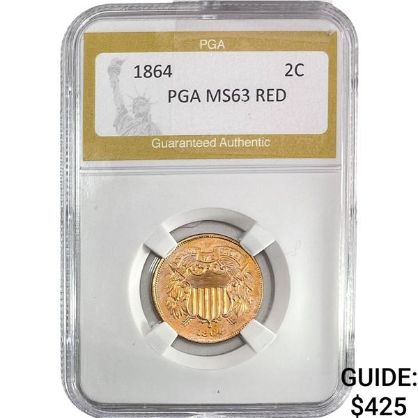 1864 Two Cent Piece PGA MS63 RED
