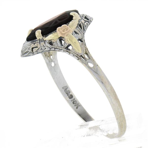 Antique Art Deco 10k Tri Color Gold Marquise Garnet Open Filigree Work Ring