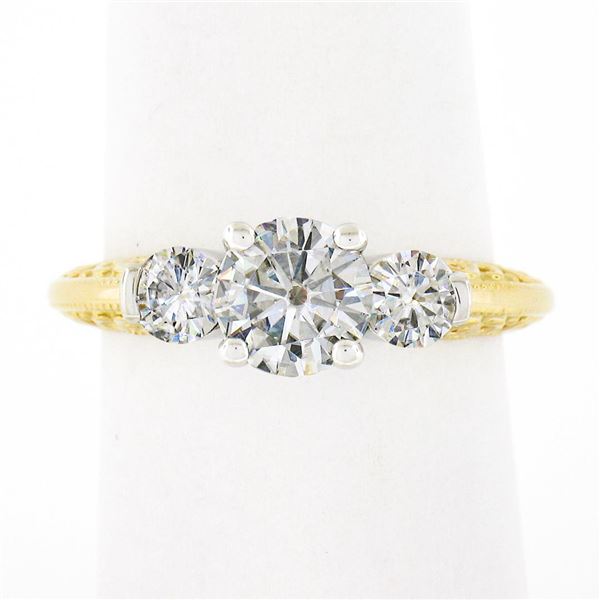 14K TT Gold Prong Round Brilliant Moissanite 3 Stone Scroll Work Engagement Ring