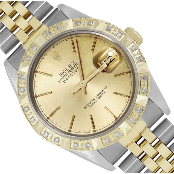 Rolex Mens 36MM Two Tone Gold And Steel Champagne Index Dial Diamond Pyramid Dat