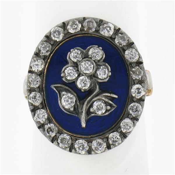 Antique Georgian Gold & Silver Oval Blue Enamel Old Cut Diamond Flower Halo Ring