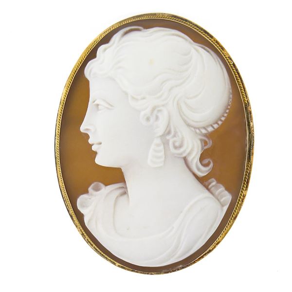 Vintage 18k Gold Oval Carved Shell Cameo & Twisted Wire Frame Pin Brooch Pendant