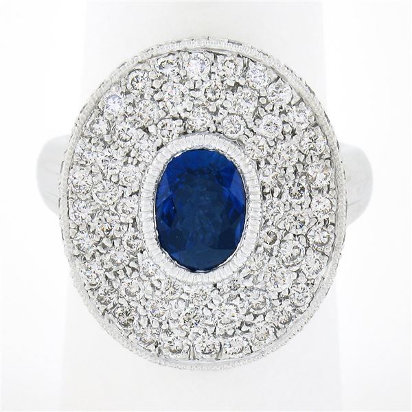 Platinum Oval Bezel Sapphire Pave Diamond Covered Milgrain Platter Cocktail Ring