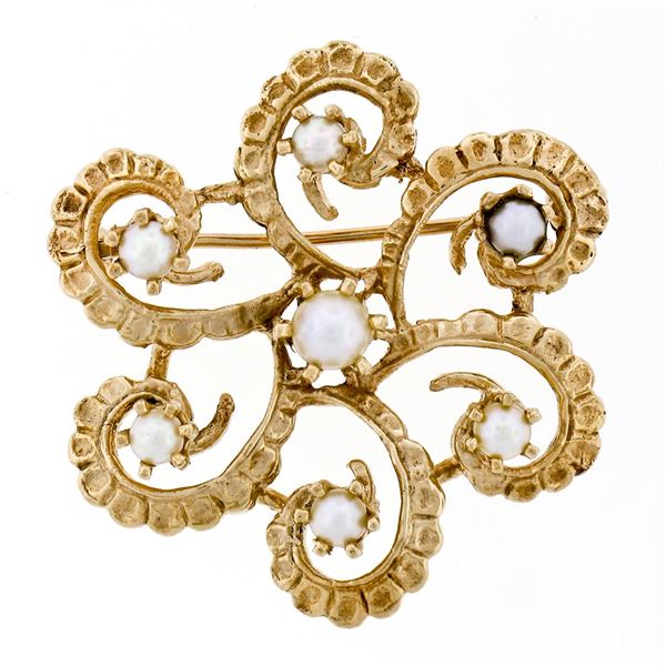 Vintage 14K Yellow Gold Cultured Pearl Detailed Textured Open Work Brooch Pin