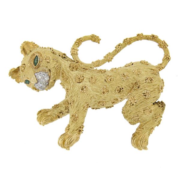 Robert Wander 18K Gold Emerald & Diamond Hand Textured Leopard Cat Brooch Pin