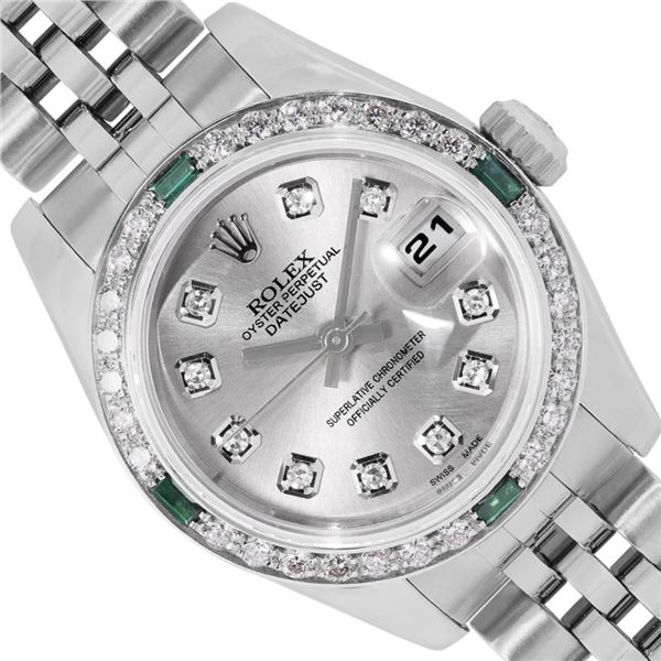 Rolex Ladies Stainless Steel Quickset Sapphire Silver Diamond And Emerald Dateju