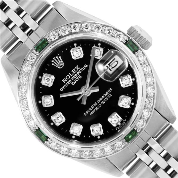 Rolex Ladies Stainless Steel Black Diamond And Emerald Date Wristwatch 26MM