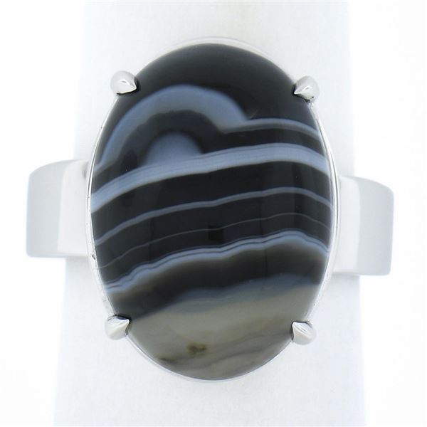 New 14k White Gold 18.2x13mm Oval Cabochon Gray Banded Agate Solitaire Ring