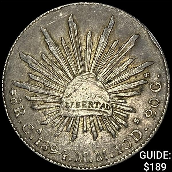 1894Ca MM Mexico Silver 8 Reales Cap&Rays NEARLY UNCIRCULATED