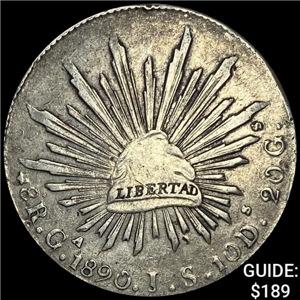 1890Ga JS Mexico Silver 8 Reales Cap&Rays ABOUT UNCIRCULATED