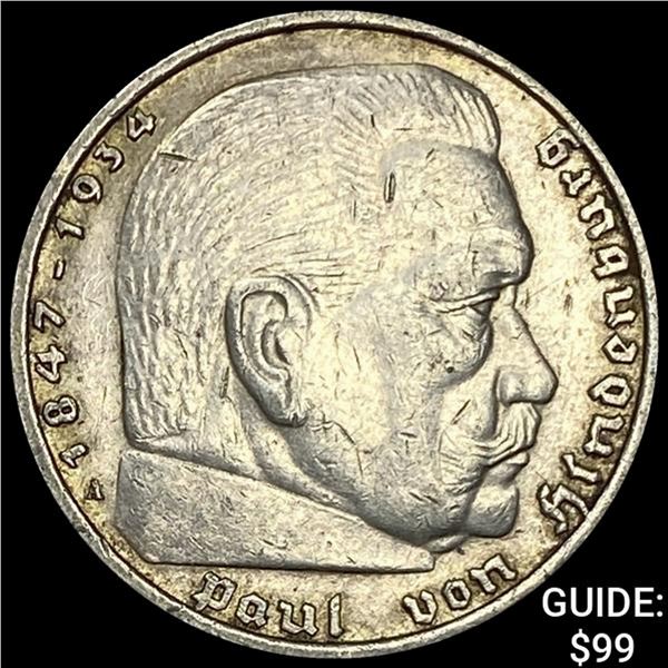 1939-A Germany Silver 5 Riechsmark CLOSELY UNCIRCULATED
