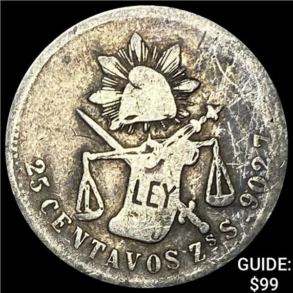 1886Zs S Mexico Silver 25 Centavos Balanza ABOUT UNCIRCULATED