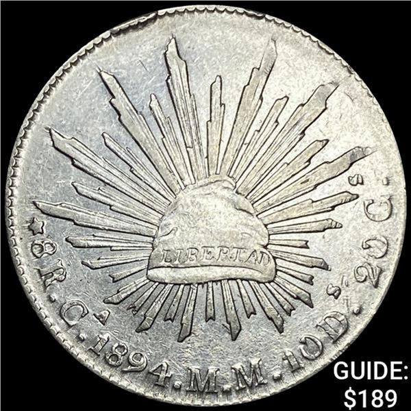 1894Ca MM Mexico Silver 8 Reales Cap&Rays CHOICE AU