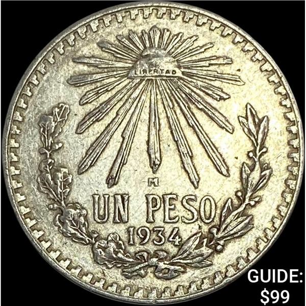 1934-M Mexico Silver Peso CLOSELY UNCIRCULATED