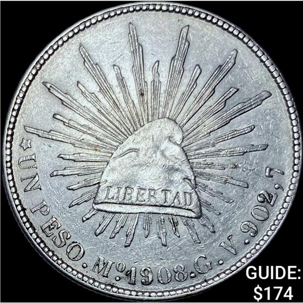1908Mo GV Mexico Silver Peso CHOICE AU