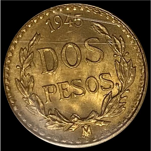 1945 Mexico .0482oz Gold 2 Pesos UNCIRCULATED