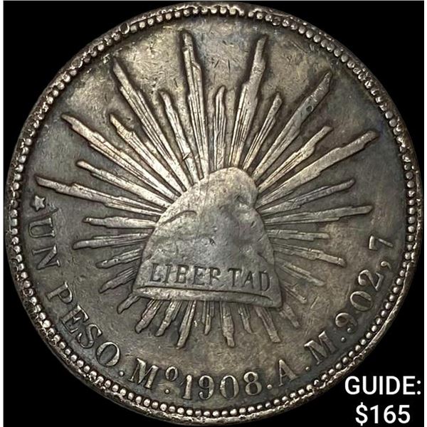 1908Mo AM Mexico Silver Peso NEARLY UNCIRCULATED