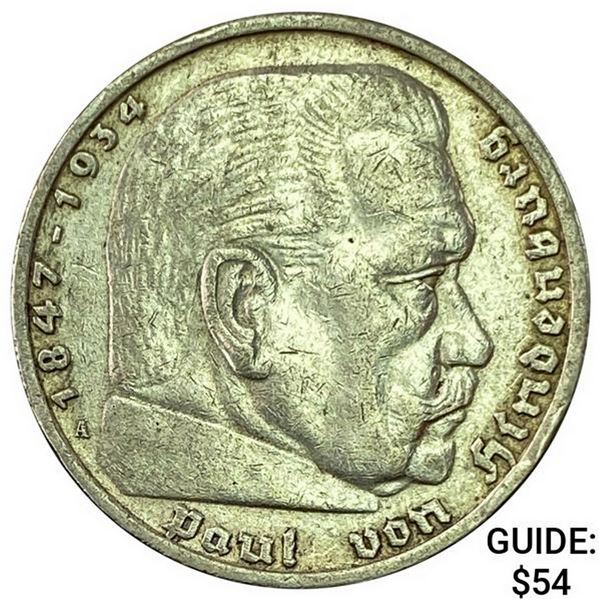 1935-A Germany Silver 5 Reichsmark CLOSELY UNCIRCULATED