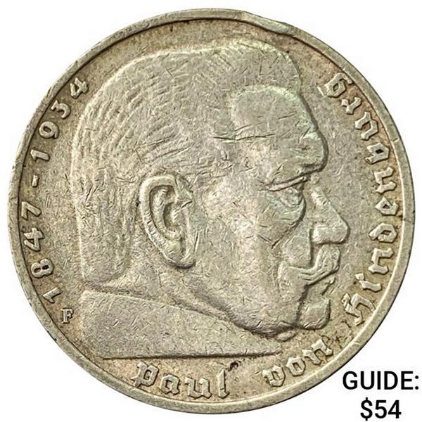 1936-F Germany Silver 5 Mark CLOSELY UNCIRCULATED