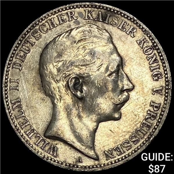 1909-A Prussia Silver 3 Reichsmark CLOSELY UNCIRCULATED