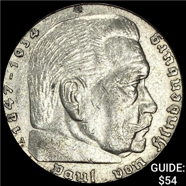 1936-A Germany Silver 5 Reichsmark CHOICE AU