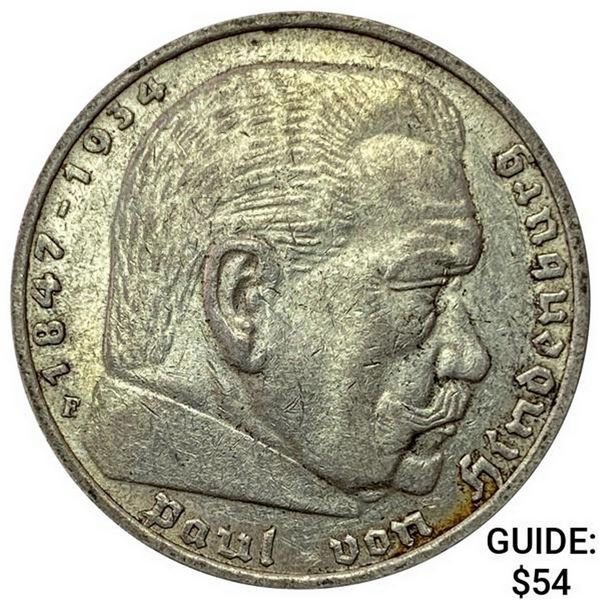 1936-F Germany Silver 5 Reichsmark CLOSELY UNCIRCULATED