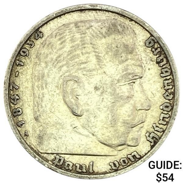1936-A Germany Silver 5 Reichsmark CLOSELY UNCIRCULATED