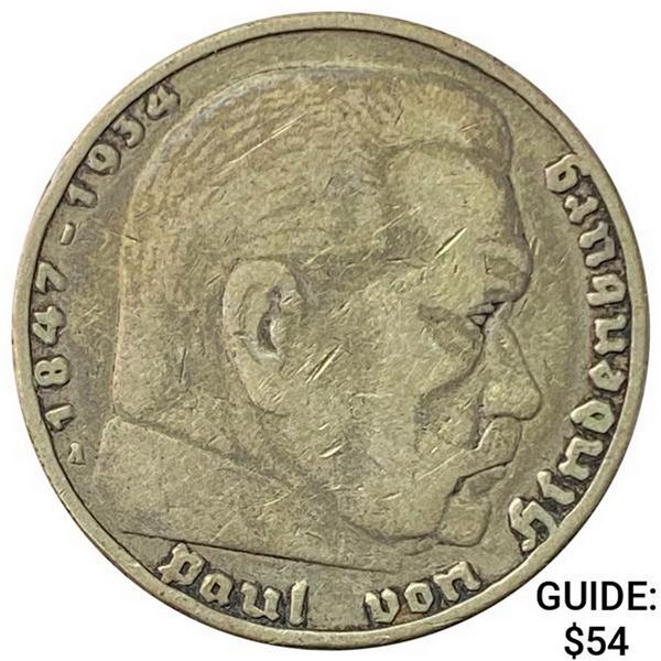 1936-A Germany Silver 5 Reichsmark NEARLY UNCIRCULATED