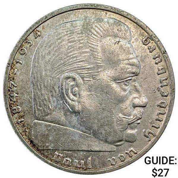 1939-A Germany Silver 2 Reichsmark CLOSELY UNCIRCULATED
