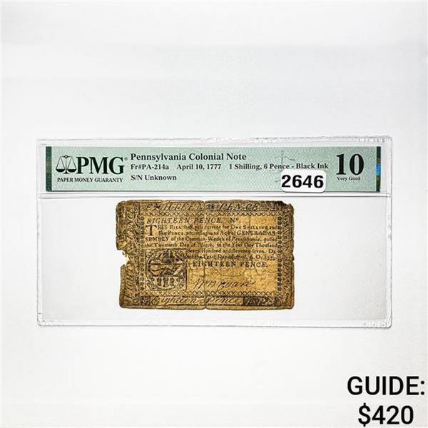 1777 1S, 6P Pennsylvania Colonial Note PMG 10 VG