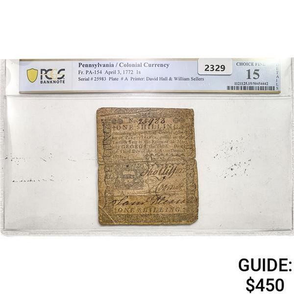 1772 1 Shilling Pennsylvania/Colonial Currency