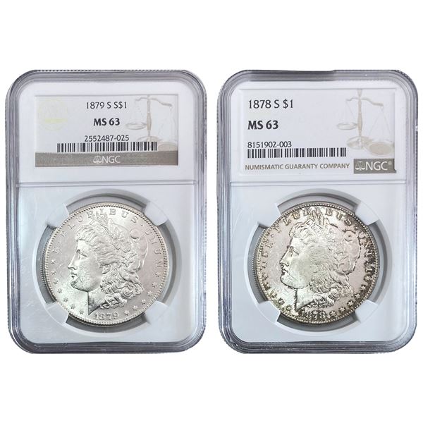 1878-1879 GEM BU Morgan Silver Dollar [2 Coins] NGC MS63