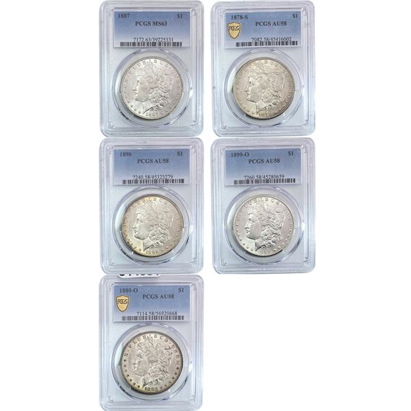 1878-1899 UNC Morgan Silver Dollar [5 Coins] PCGS AU/MS58-63
