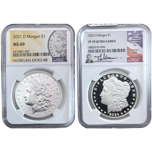 2021-2023 GEM BU Morgan Silver Dollar [2 Coins] NGC MS/PF69/70