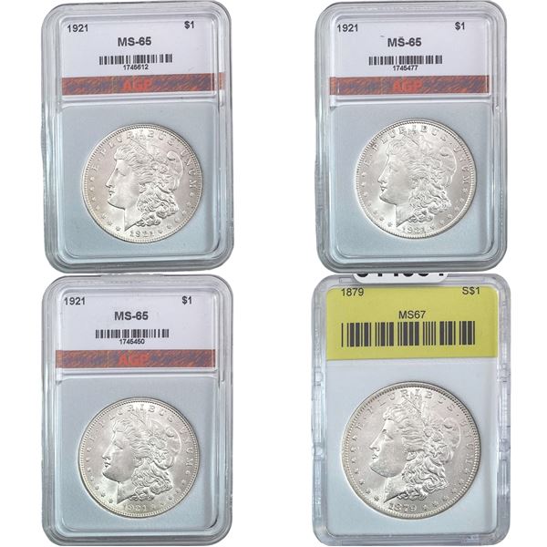 1879-1921 GEM BU Morgan Silver Dollar [4 Coins] AGP MS65/67