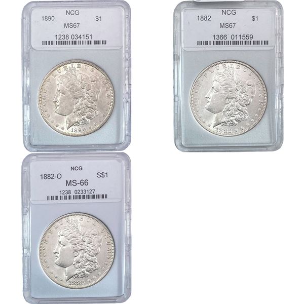 1882-1890 GEM BU Morgan Silver Dollar [3 Coins] NCG MS66/67