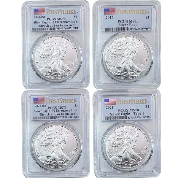 2017-2021 GEM BU Silver Eagle [4 Coins] PCGS MS70