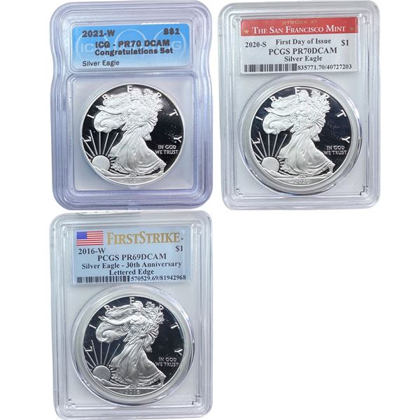 2016-2021 GEM PROOF Silver Eagle [3 Coins] PCGS/ICG PF69/70