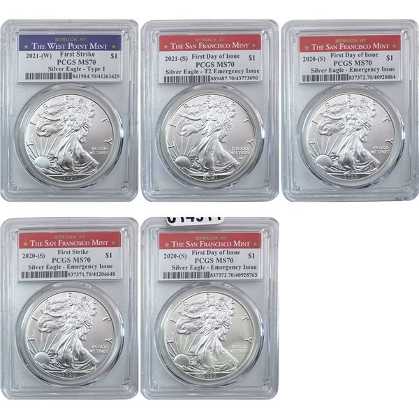 2020-2021 GEM BU Silver Eagle [5 Coins] PCGS MS70